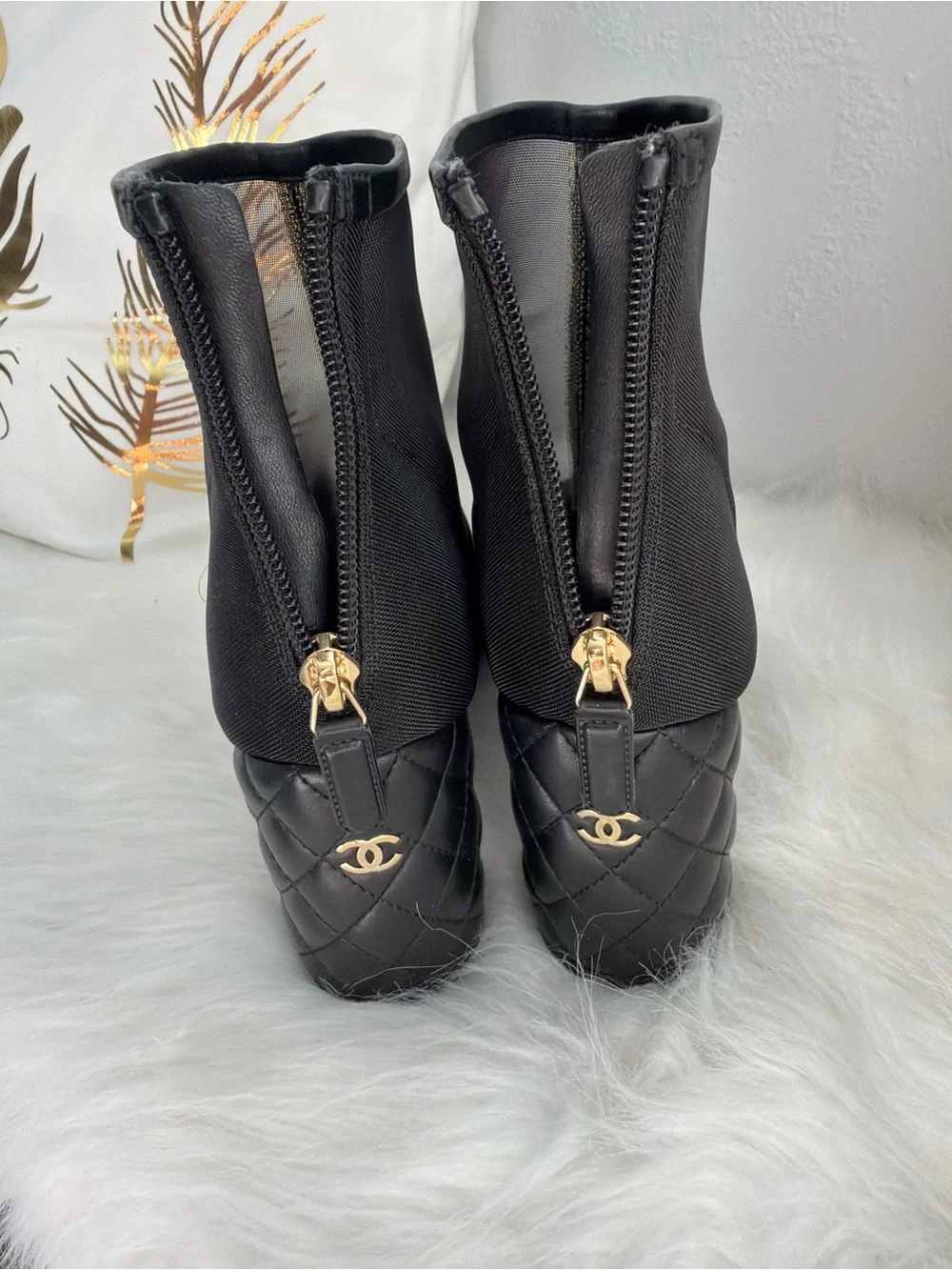 CHANEL Black Mesh Ankle Booties with Gold Zipper
